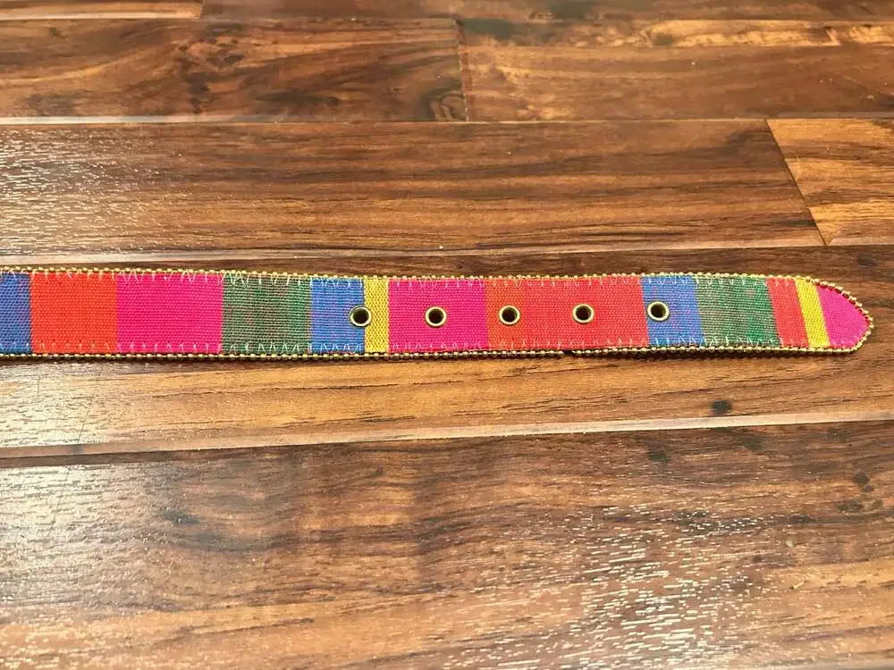 Vintage Multicolor Striped Tapestry Belt w Gold-Tone Bead Edges Boho Maximalist